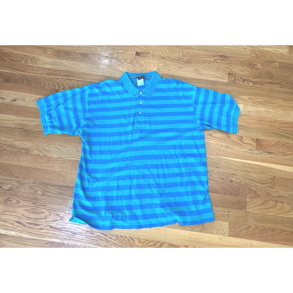 Vintage Jantzen Sport Mens Blue Teal Striped Cotton Polo Shirt Short Sleeve L